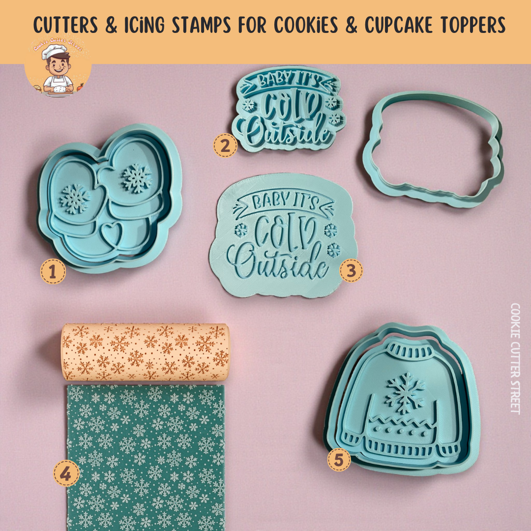 Winter Baby Shower "Baby It's Cold Outside" Cutters & Icing Stamps For Cookies & Cupcake Toppers