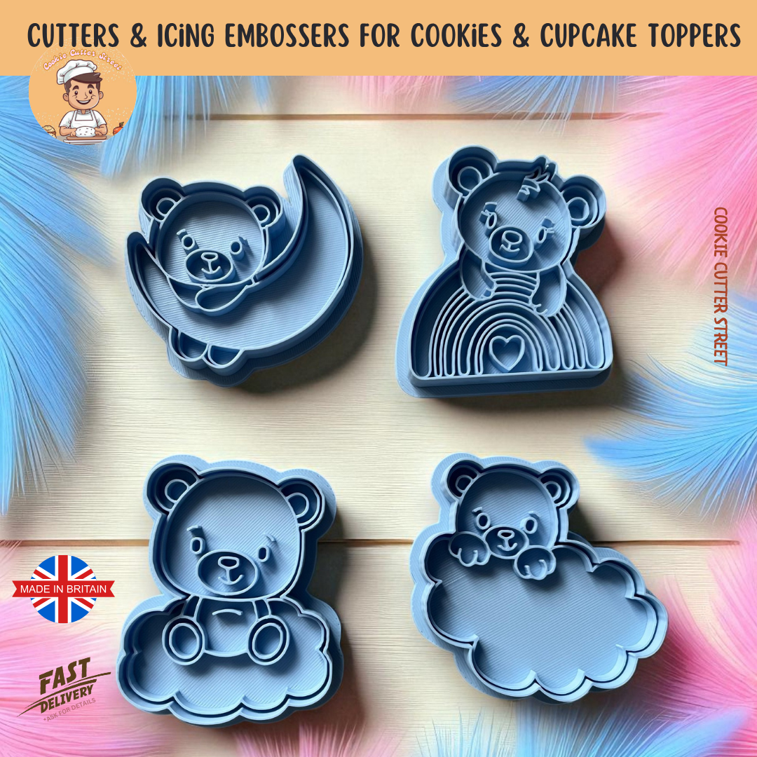 Set of 4 Teddy Bear Baby Shower Cutters & Icing Embossers For Cookies & Cupcake Toppers