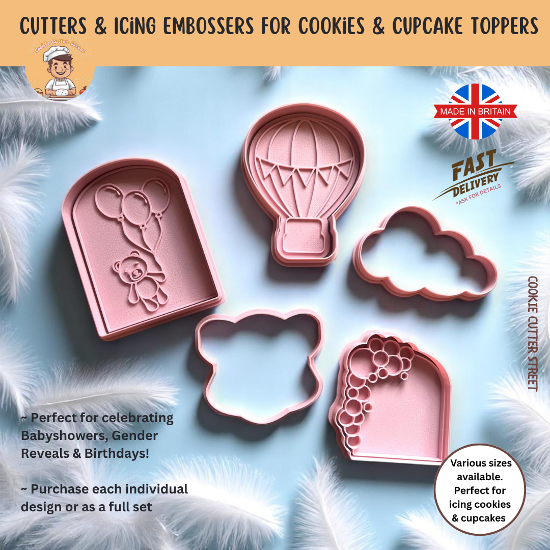 Cute Teddy Bear Hot Air Balloon Baby Shower Cutters & Icing Embossers For Cookies & Cupcake Toppers