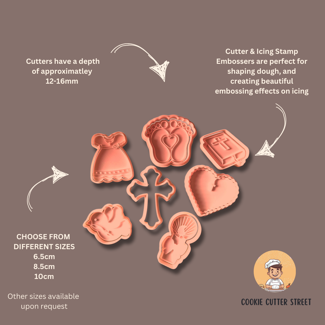 Set of 7 Baptism & Christening Cookie Cutters, including a cross, baby feet with a heart, dove, Holy Bible, christening gown, scalloped heart with a cross, and a radiant chalice. Ideal for religious celebrations and special occasions.
