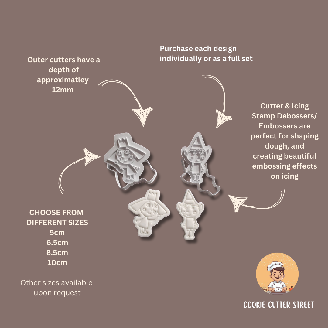 Ben & Holly Cookie cutters with sizes and purchasing information on a brown background