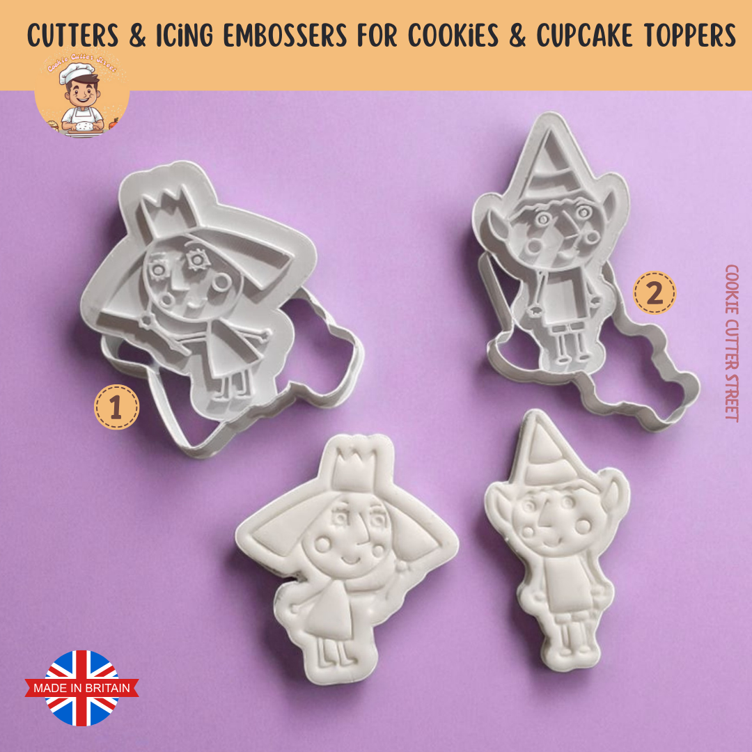 Set of Ben & Holly cookie cutters with embossers on a purple background, featuring cartoon characters.
