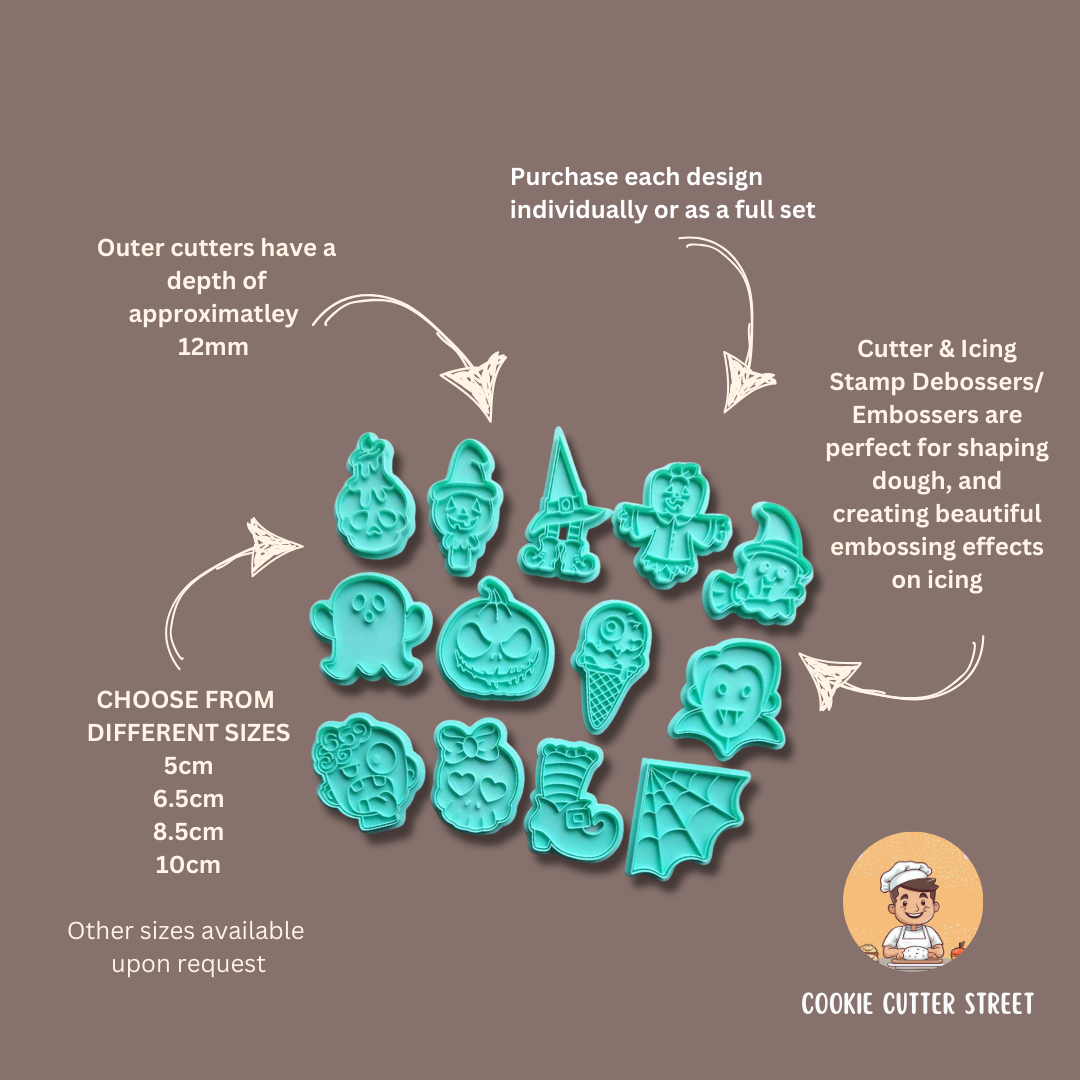 Set of Hallowen cookie cutters with various designs on a brown background, featuring text about purchase options and dimensions.