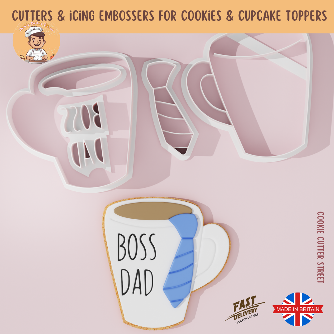 Father’s Day cookie cutter, Boss Dad cookie cutter, mug cookie cutter, coffee lover cookie cutter, Father’s Day baking, Dad cookies, gift for Dad, custom cookie cutter, cookie decorating, fondant embosser, cookie embosser, baking for Dad, dad-themed baking, tie cookie cutter, tea lover cookie cutter, coffee cup cookie cutter, handmade cookies, DIY Father’s Day gift, Father’s Day treats, boss dad mug, fun cookie designs, custom fondant embosser, fondant cutter, cupcake topper embosser, father’s day gift idea