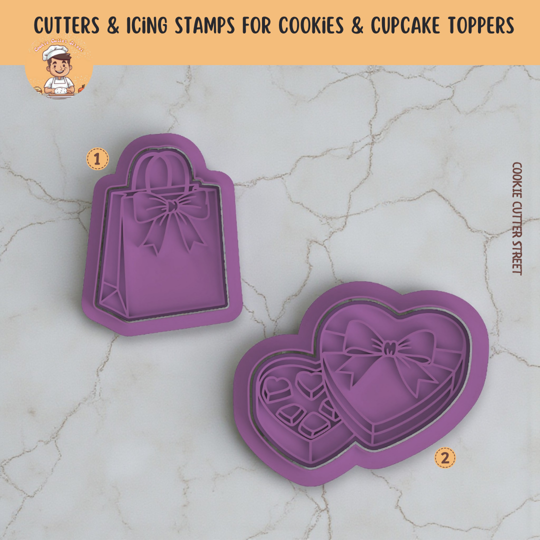 Beautiful Bow Shopping Bag & Box of Chocolates Cutters & Icing Embossers For Cookies & Cupcake Toppers