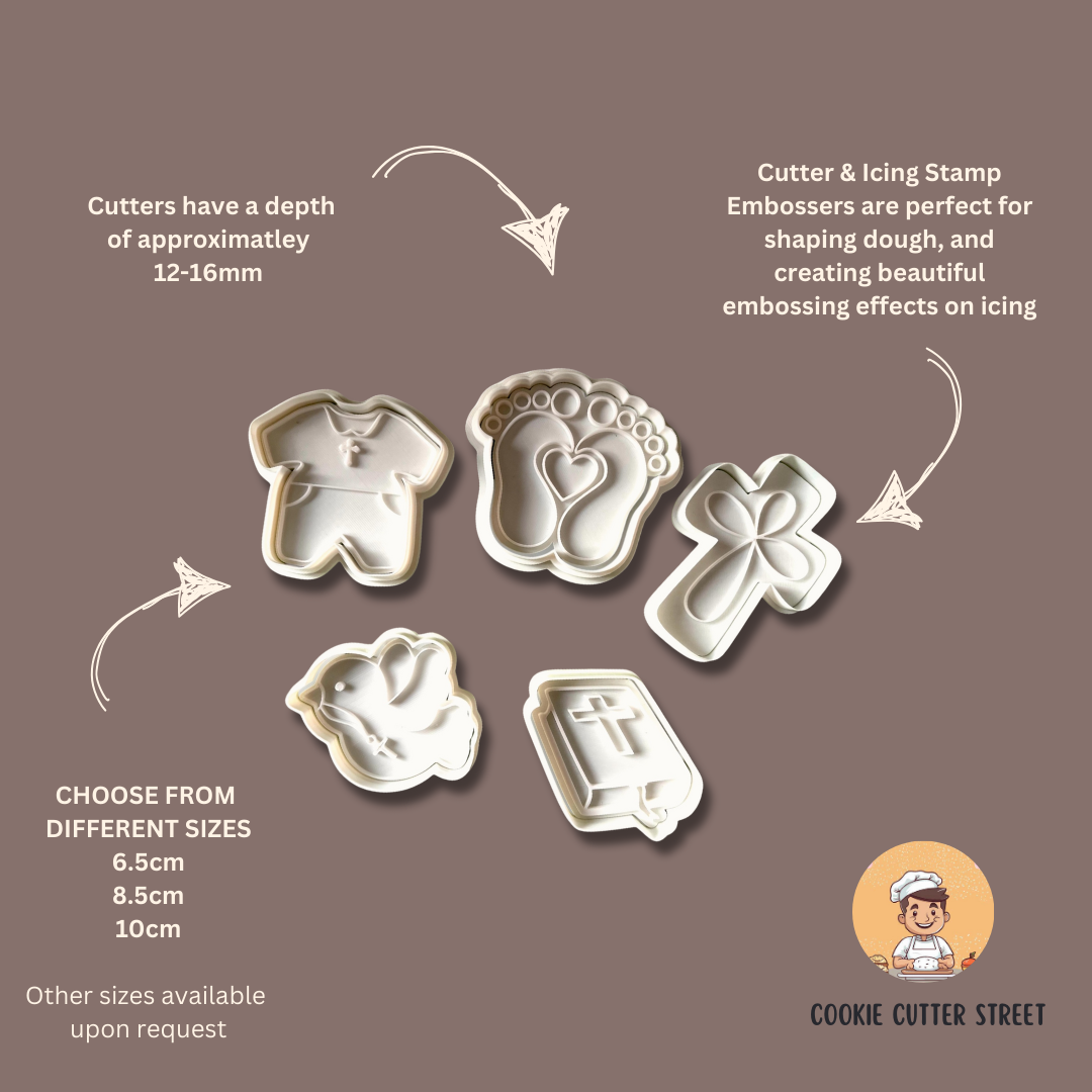 Set of 5 Baptism & Christening Cookie Cutters, including a cross, baby feet with a heart, dove, Holy Bible, and christening romper. Perfect for making religious celebration treats.