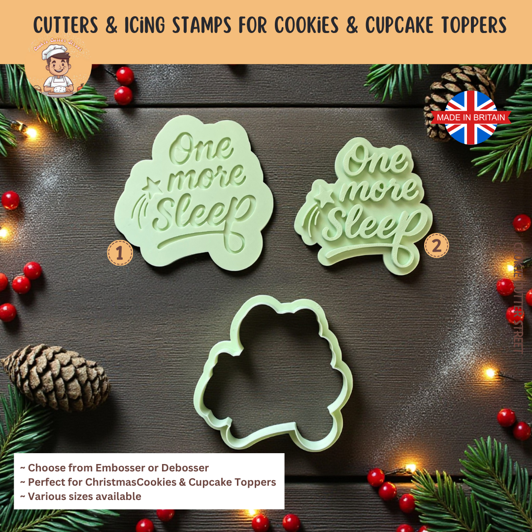 Set of Christmas Eeve One More Sleep cookie cutters with Christmas-themed designs on a festive background.