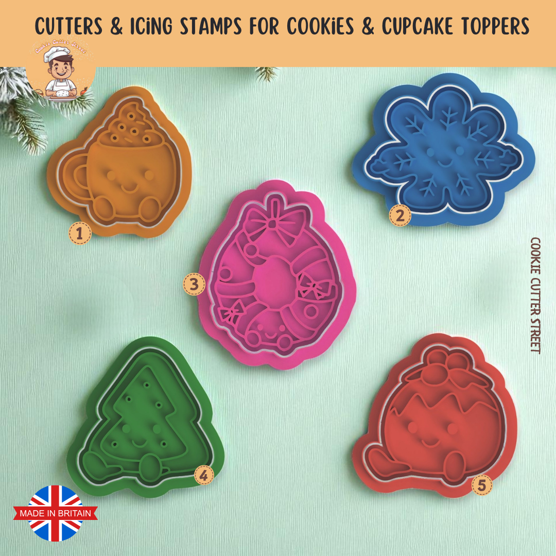 Christmas Jellycat Cookie Cutters & icing Stamps on a green background