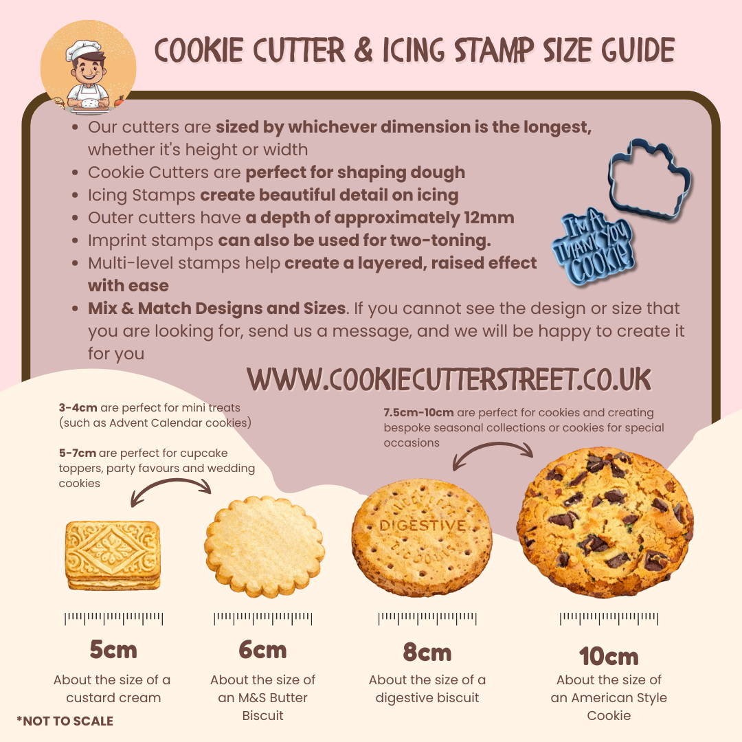 Cookie cutter and icing stamp size guide with illustrations and measurements on a pink background.
