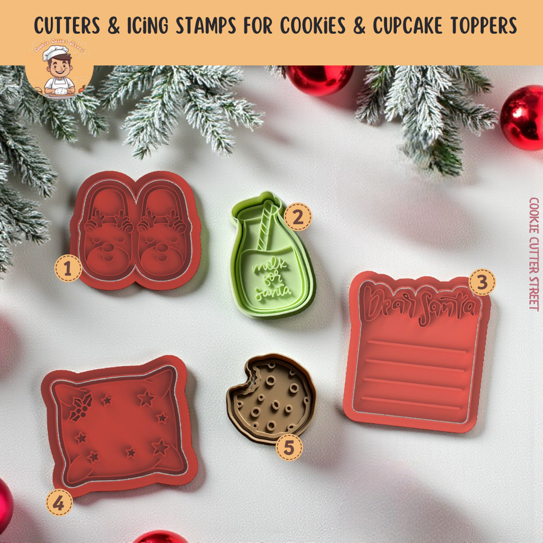 EMBOSSER Set of Cute Christmas Eve Cookies & Milk For Santa Cutters & Icing Stamps For Cookies & Cupcake Toppers
