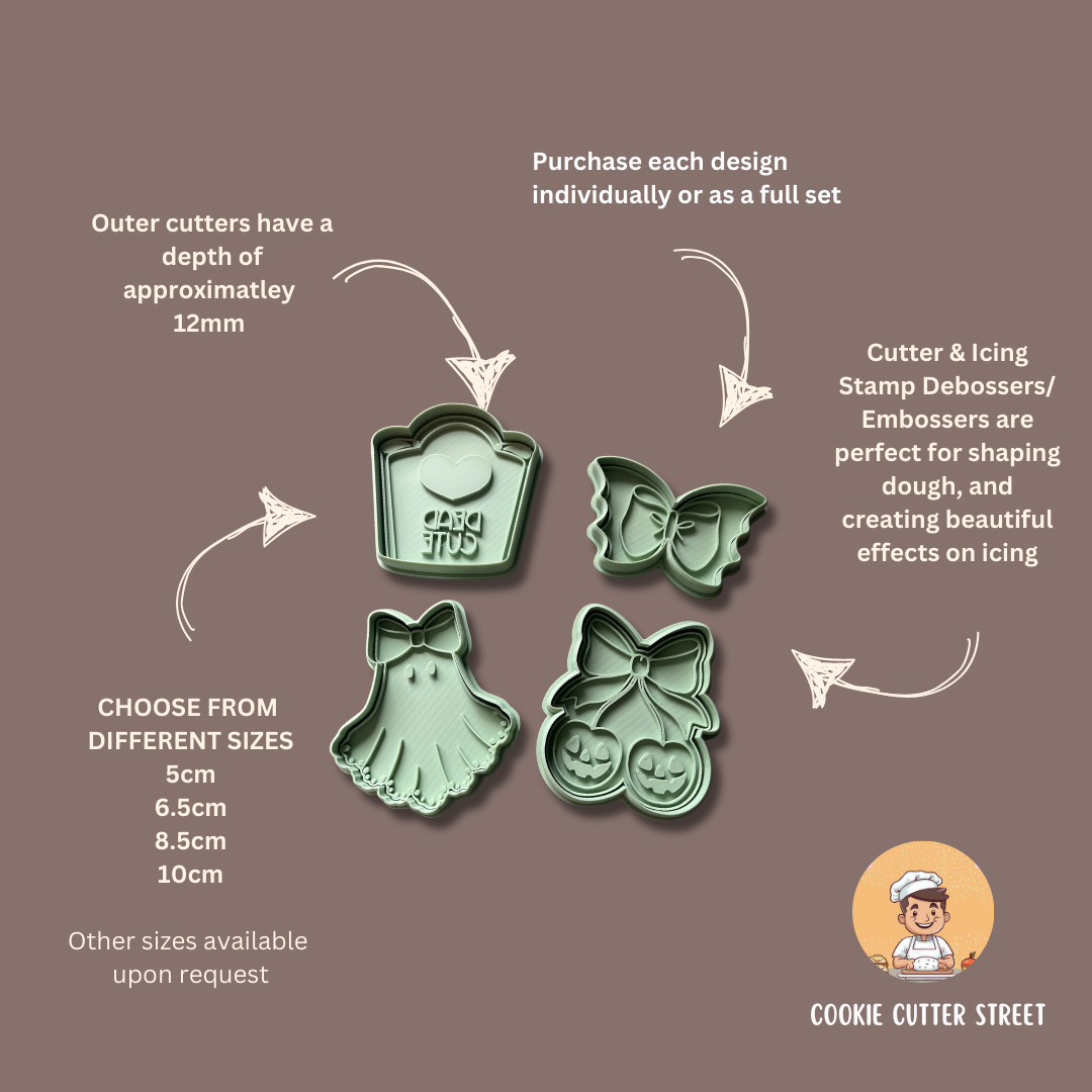 Set of green cookie cutters with sizes and features on a brown background, branded 'Cookie Cutter Street'.