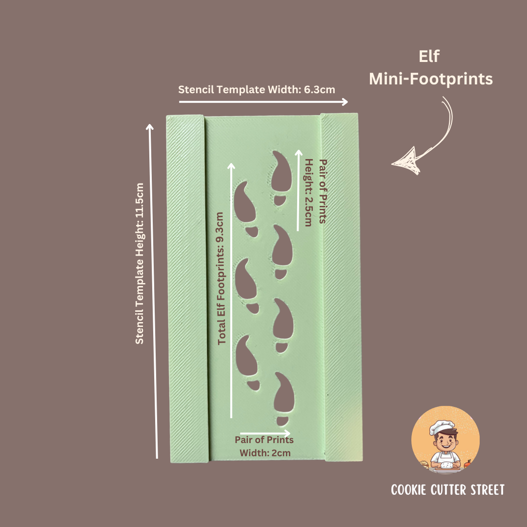 Green stencil template with elf mini-footprints design on a brown background, featuring measurements and 'Cookie Cutter Street' branding.