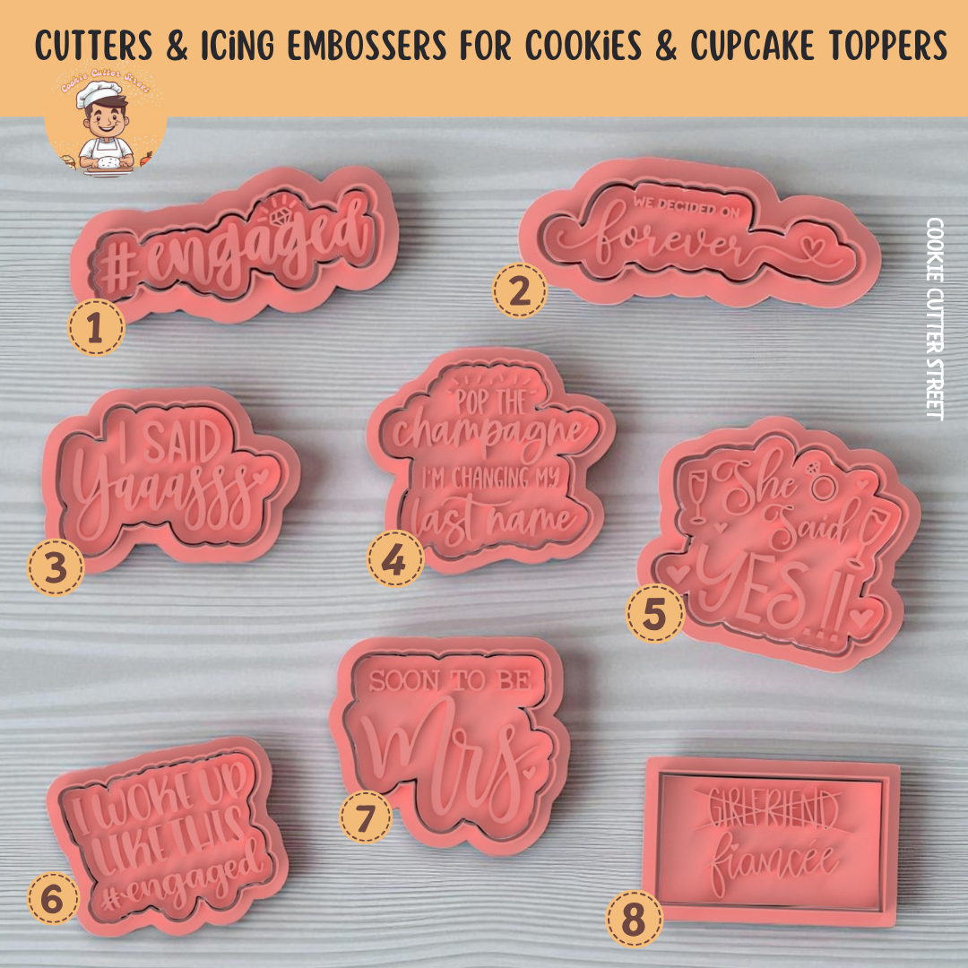 A collection of engagement and bride-themed cookie cutters and embossers with playful bridal phrases—perfect for biscuits, cupcake toppers, or party favours.