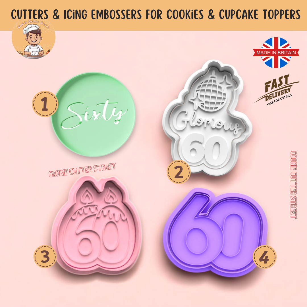 Set of 60th Birthday Cookie Cutters featuring 4 unique designs: a circular "Sixty," a number "60," a disco ball with "Glorious 60," and a "60 with candles" design. Perfect for milestone celebrations, cookies, and fondant toppers