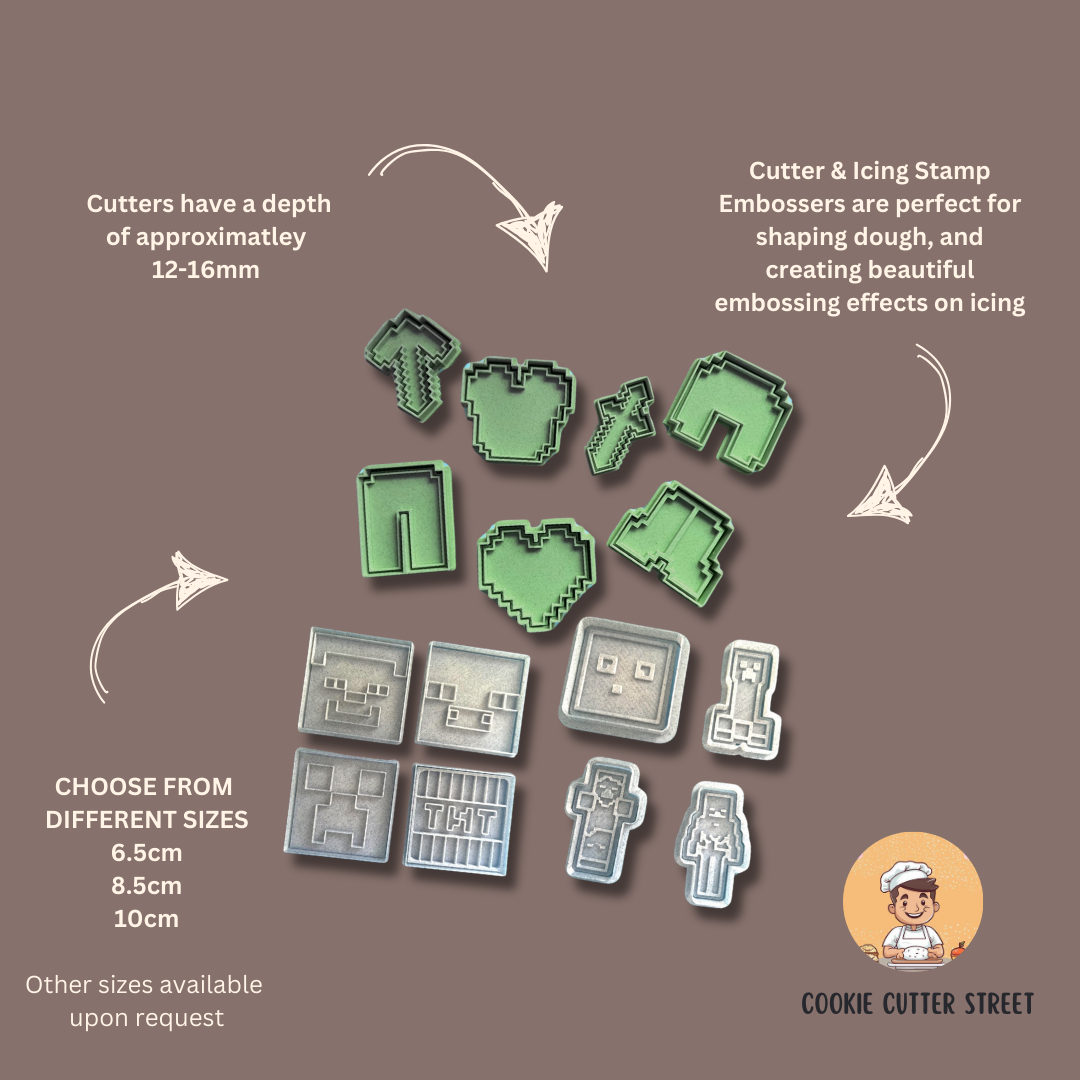 Minecraft Gaming Themed Cutters & Icing Embossers For Cookies & Cupcake Toppers