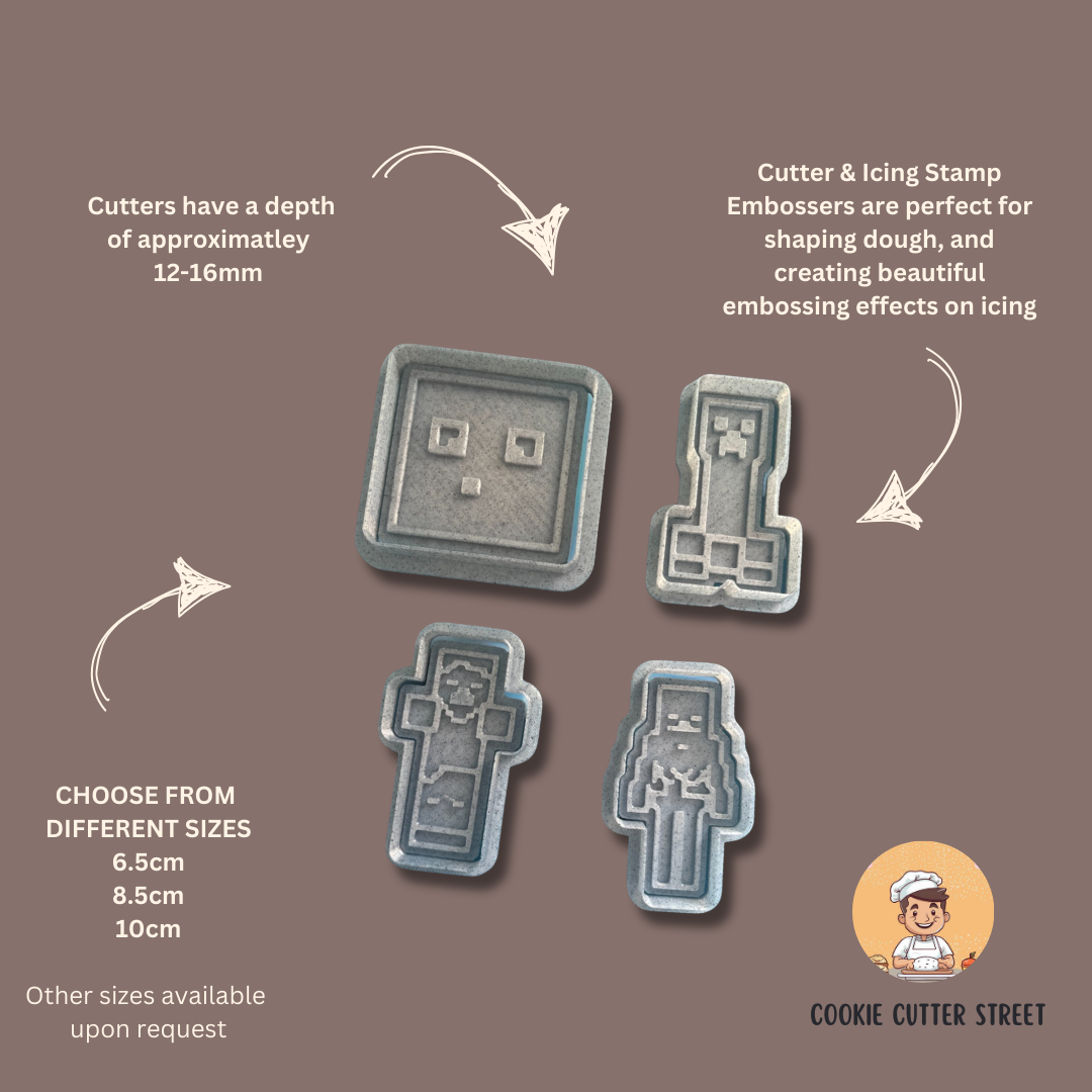 Minecraft Pixel Figure Designs Cutters & Icing Embossers For Cookies & Cupcake Toppers