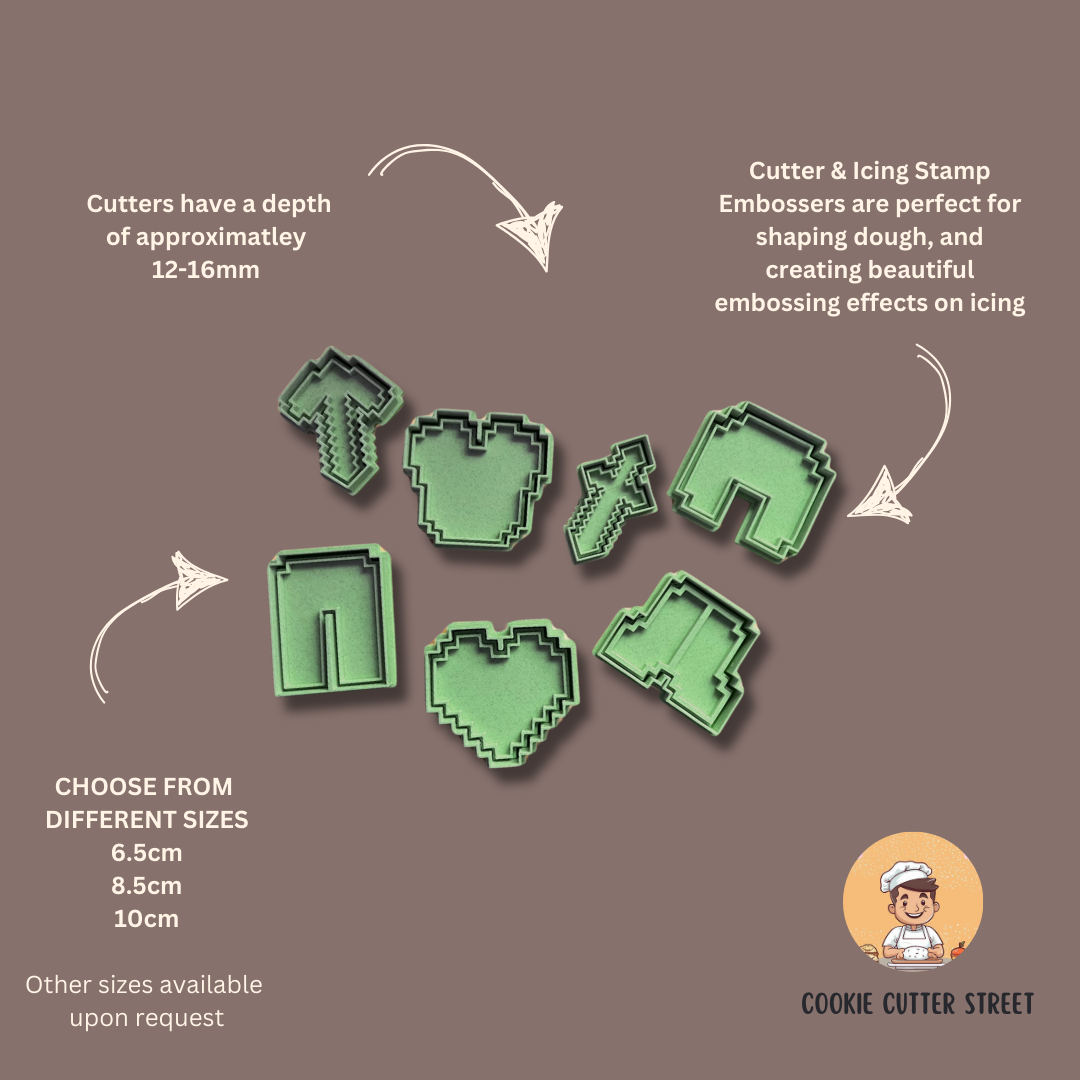 Minecraft Pixels Gaming Cutters & Icing Embossers For Cookies & Cupcake Toppers