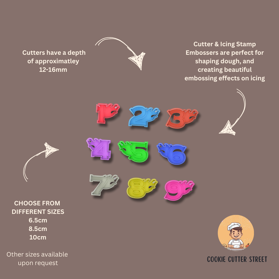 Set of Flaming Number Cookie Cutters (1-9), featuring bold numbers with flame details. Perfect for racing, fire engine, and Hot Wheels-themed bakes. Available individually or as a set.