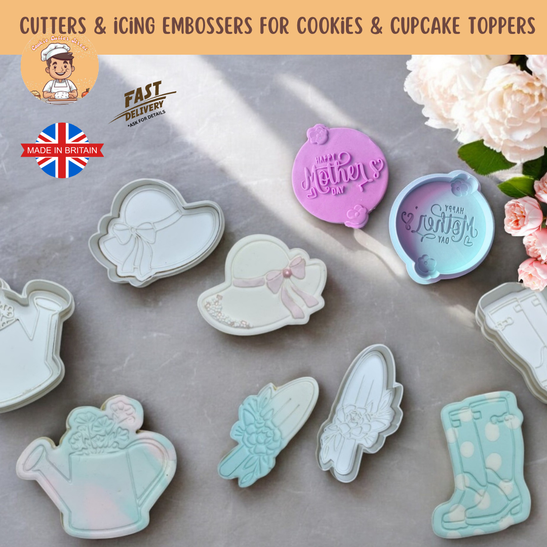 Whimsical Floral Mothers Day Gardening Cutters & Icing Embossers For Cookies & Cupcake Toppers