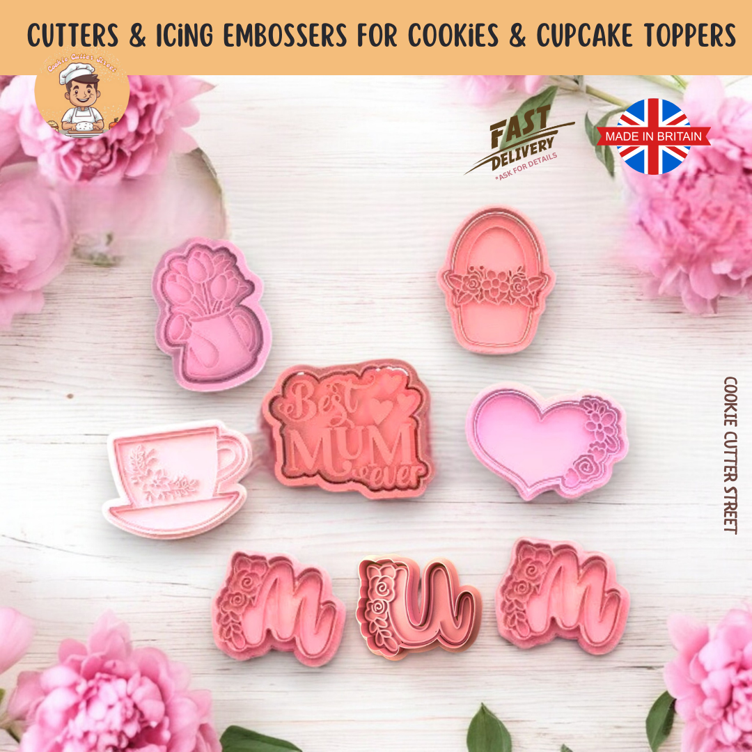 Floral Mum Mothers Day / Mum’s Birthday Set of Cutters & Icing Embossers For Cookies & Cupcake Toppers