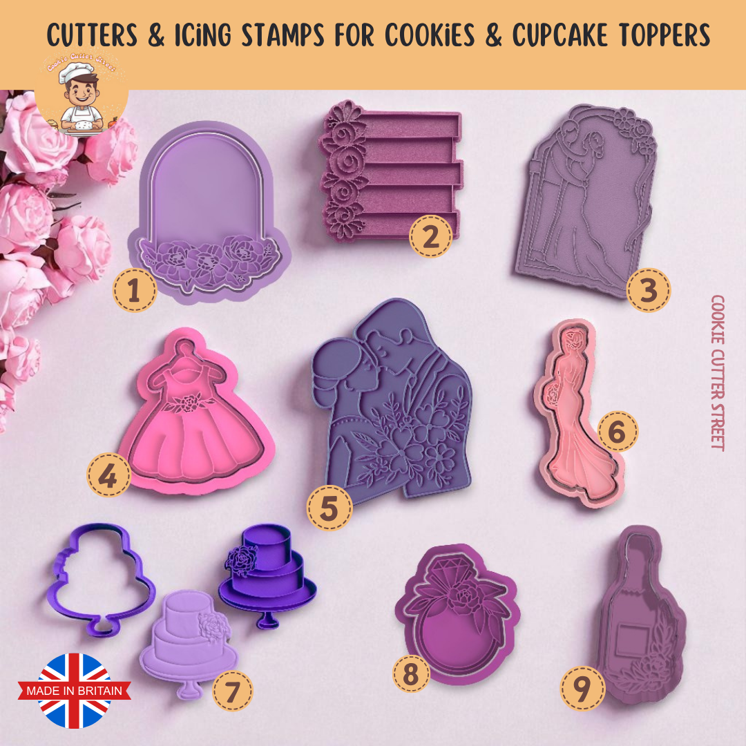 Floral wedding cookie cutters and icing embossers with romantic designs, perfect for creating elegant cookies for weddings, bridal showers, and anniversaries.