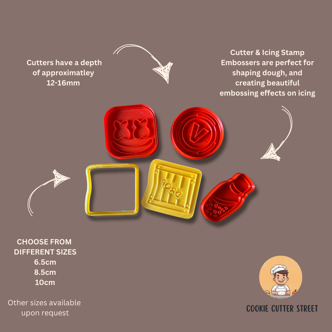 Fortnite Loot Drop Box, Shield Potion, Marshmello Face & V-Bucks, Gaming Cutters & Icing Embossers For Cookies & Cupcake Toppers