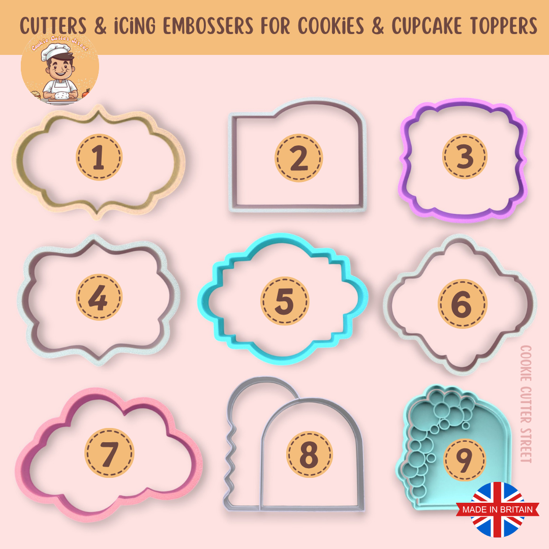 A selection of 9 frame plaque cookie cutters, perfect for fondant embossing, message cookies, and custom decorations.