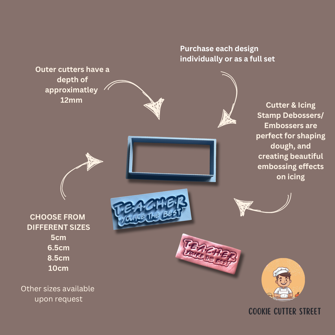 Friends TV show inspired “Teacher You’re the Best” embosser with matching rectangle cutter – ideal for thank-you cookies and fondant decorations.