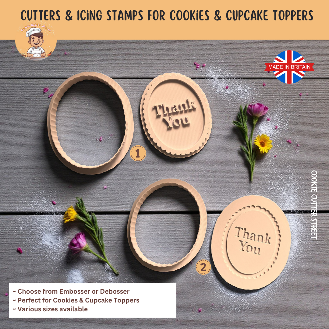 Frilly Thank You Oval Shape Icing Stamp & Cutter For Cookies & Cupcake Toppers
