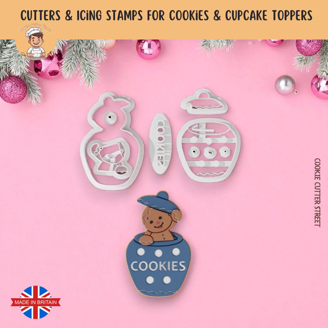 Gingerbread Cookie Jar Tray Multi-Piece Icing Cutter For Cookies & Cupcake Toppers
