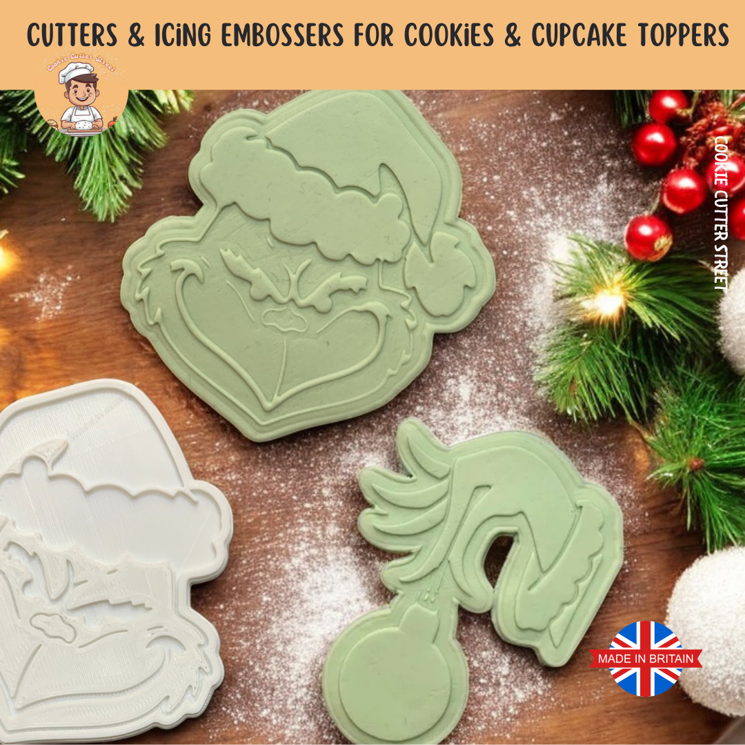 Whimsical Christmas Grinch Inspired Cookie Cutters & Icing Embosser For Cookies & Cupcake Toppers