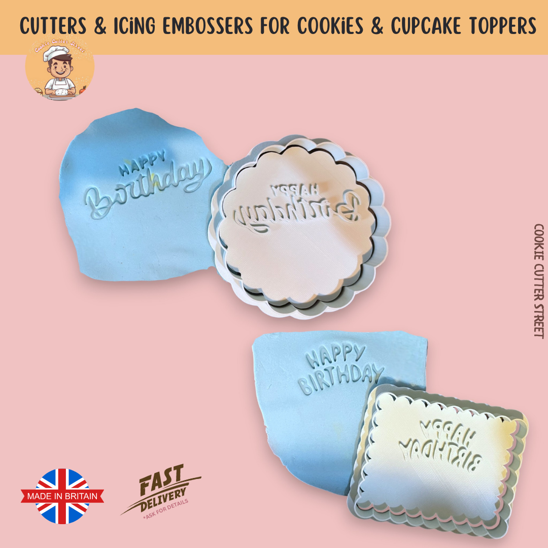 Happy Birthday icing embosser with optional scalloped cutter. Perfect for cookies, cupcake toppers, and fondant decorations.
