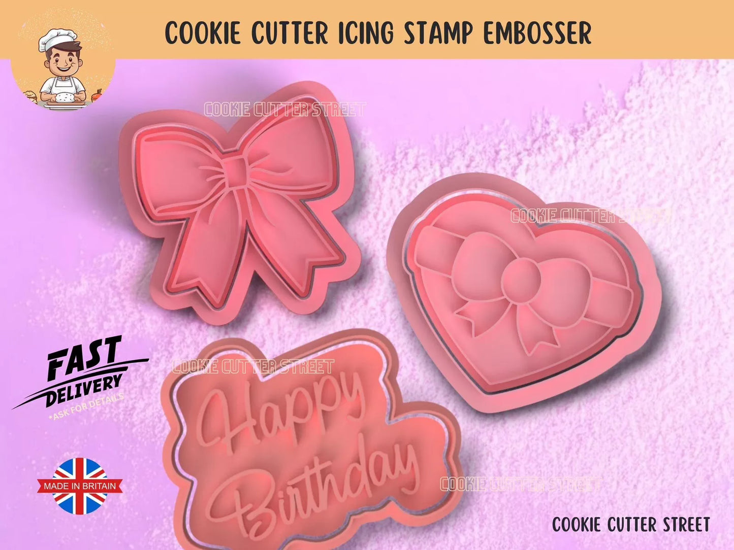 Set of 3 Birthday Heart Bow Cookie Cutter Icing Stamp Embossers. Cutters & Icing Embossers For Cookies & Cupcake Toppers