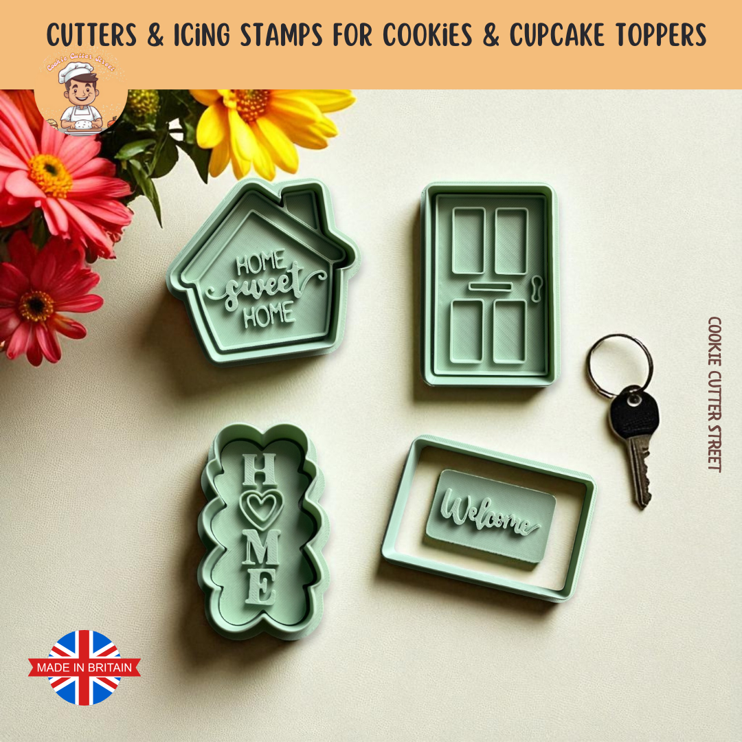 New Home Cookie Cutter & Icing Embosser Set featuring house, door, welcome mat, and heart “Home” design – perfect for housewarming bakes.