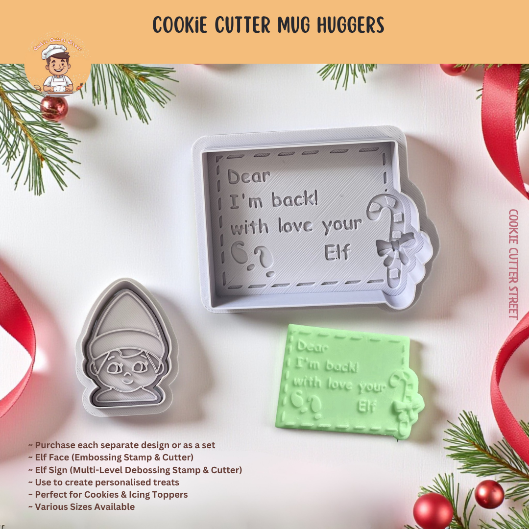 Individual Christmas Elf Face and I'm Back Sign Icing Stamp & Cutter For Cookies & Cupcake Toppers