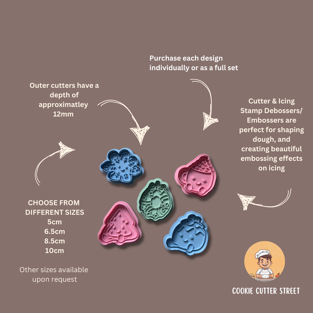 Christmas Jellycat Cookie Cutters & icing Stamps on a brown background