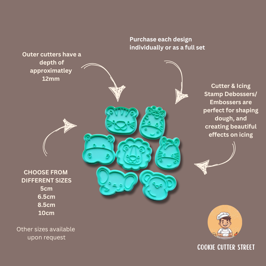 Safari Jungle Animal Faces Cutters & Icing Embossers For Cookies & Cupcake Toppers