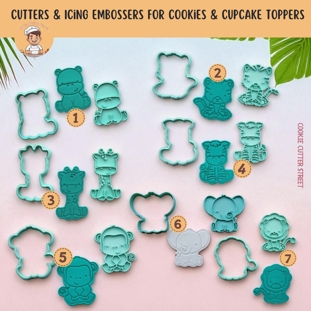 Cute jungle safari animal cookie cutters and icing embossers set featuring hippo, tiger, giraffe, zebra, monkey, elephant, and lion.