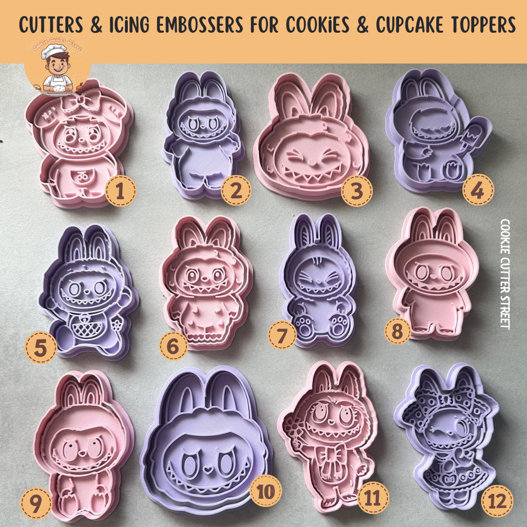 A set of 12 Labubu-themed cookie cutters and icing embossers featuring quirky costumes, playful poses, and raised detail—perfect for cookies, fondant, or clay crafts.