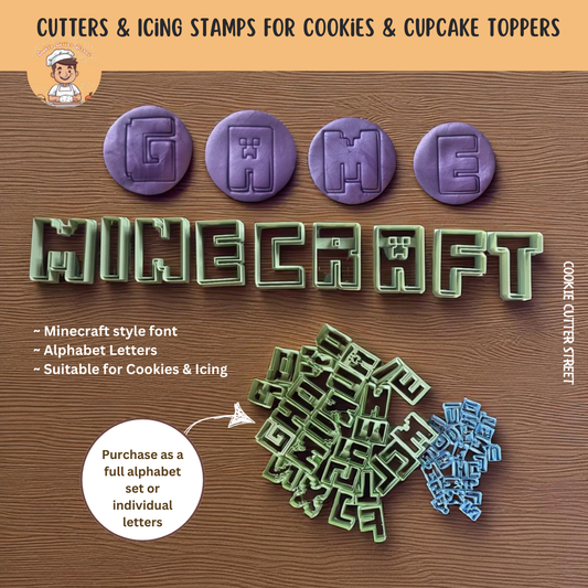 Minecraft font style cookie and icing cutters in pixelated block lettering, available in multiple sizes for cookies, fondant and party treats.