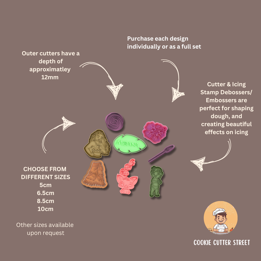 Moana cookie cutter set with descriptions on a brown background, featuring Cookie Cutter Street branding.