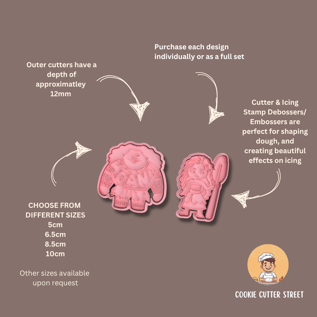 Moana & Maui Cookie cutters with text on a brown background, featuring information about sizes and purchasing options.