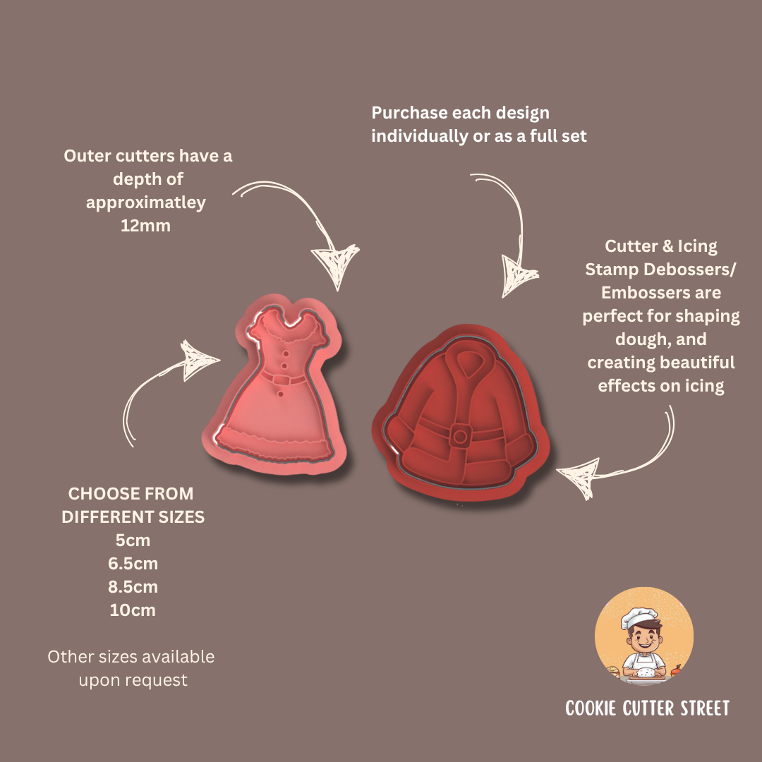 Cookie cutters with dress and coat designs on a brown background, featuring text about purchase options and sizes.