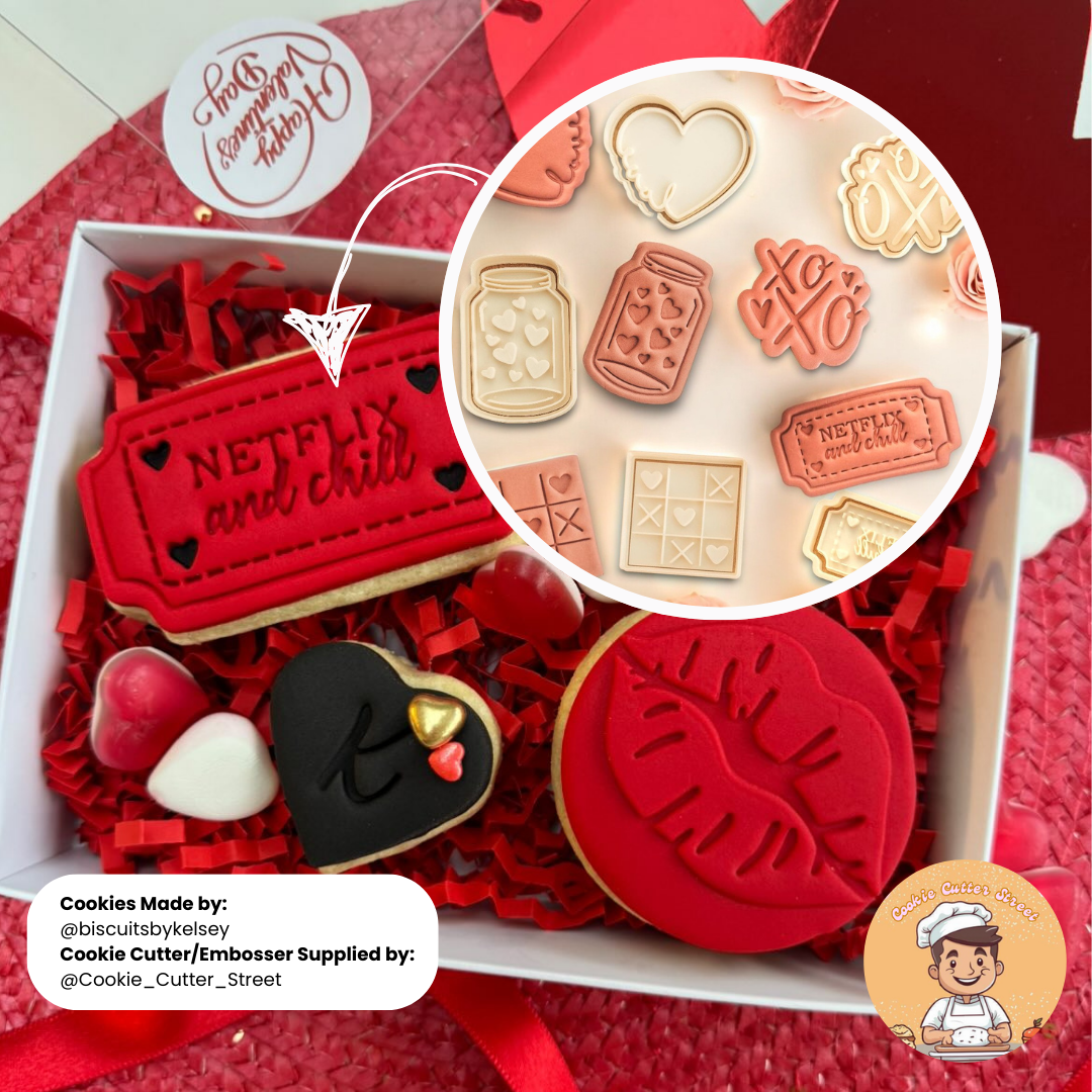 Romantic Valentines Cookie Cutter & Icing Stamp Embosser Set – XOXO, Love, Jar of Hearts, Netflix Chill Cutters & Icing Embossers For Cookies & Cupcake Toppers