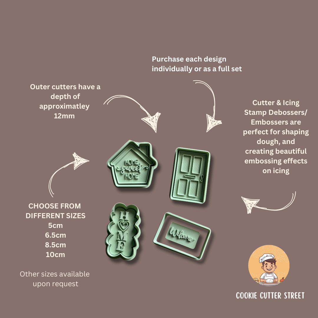 New Home Cookie Cutter & Icing Embosser Set featuring house, door, welcome mat, and heart “Home” design – perfect for housewarming bakes.