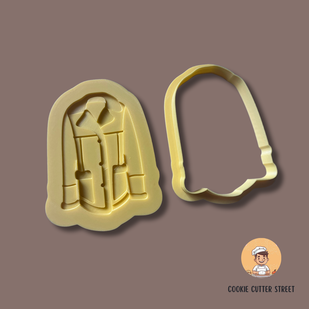 An Only Fools and Horses-themed cookie cutters and icing embossers, featuring Del Boy’s coat