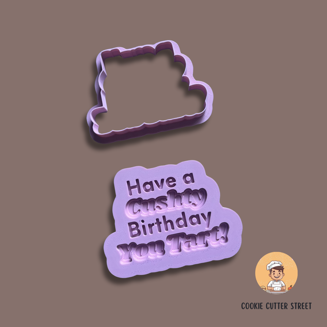 An Only Fools and Horses-themed cookie cutters and icing embossers, featuring a bubble word sayong "Have a Cushty Birthday You Tart"