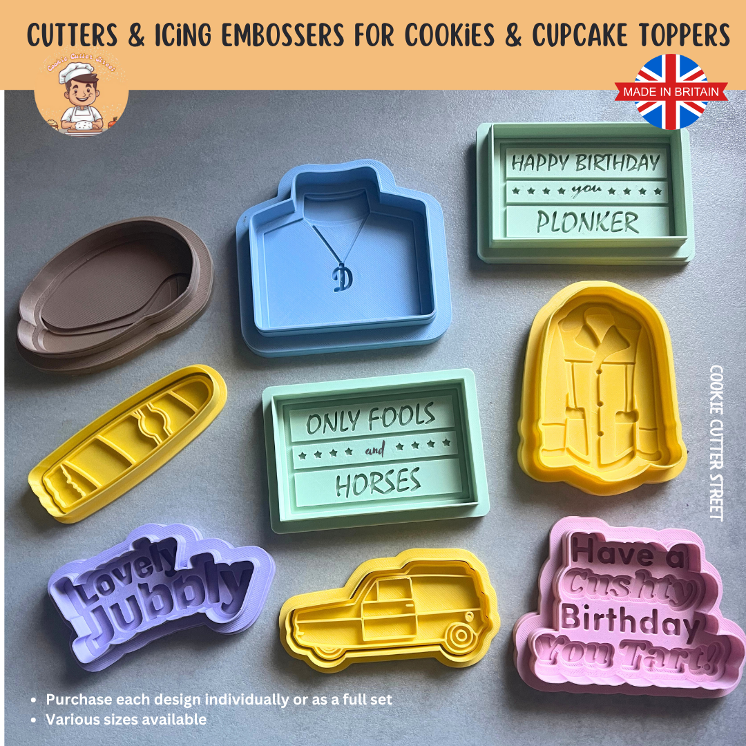 A full set of Only Fools and Horses-themed cookie cutters and icing embossers, featuring Del Boy’s car, quotes, and iconic outfit designs.