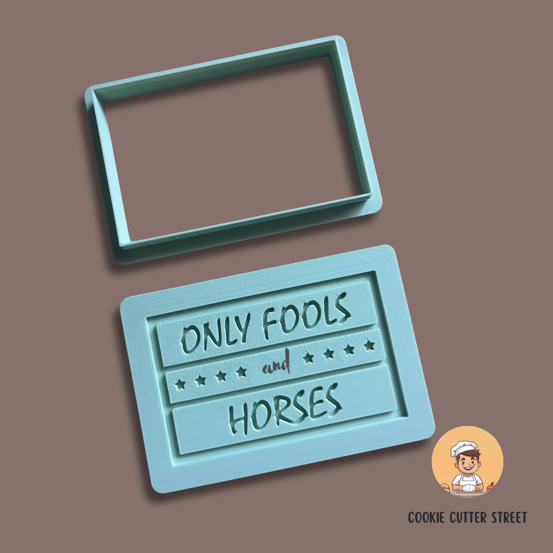 An Only Fools and Horses-themed cookie cutters and icing embossers, featuring a plaque with logo