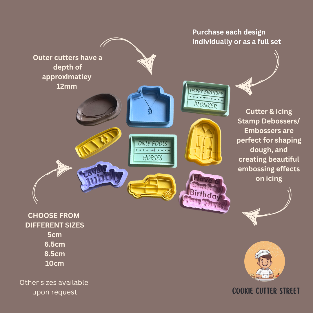 A full set of Only Fools and Horses-themed cookie cutters and icing embossers, featuring Del Boy’s car, quotes, and iconic outfit designs.